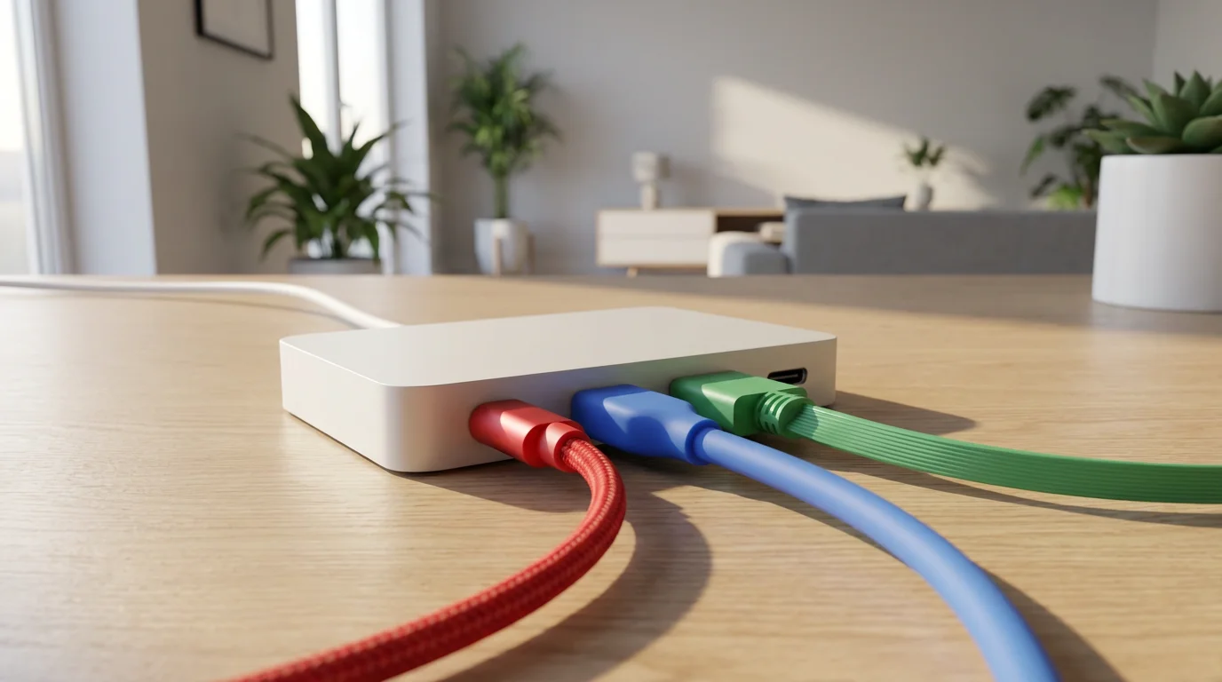 Low angle view of colorful cables connecting to a single modern white hub.