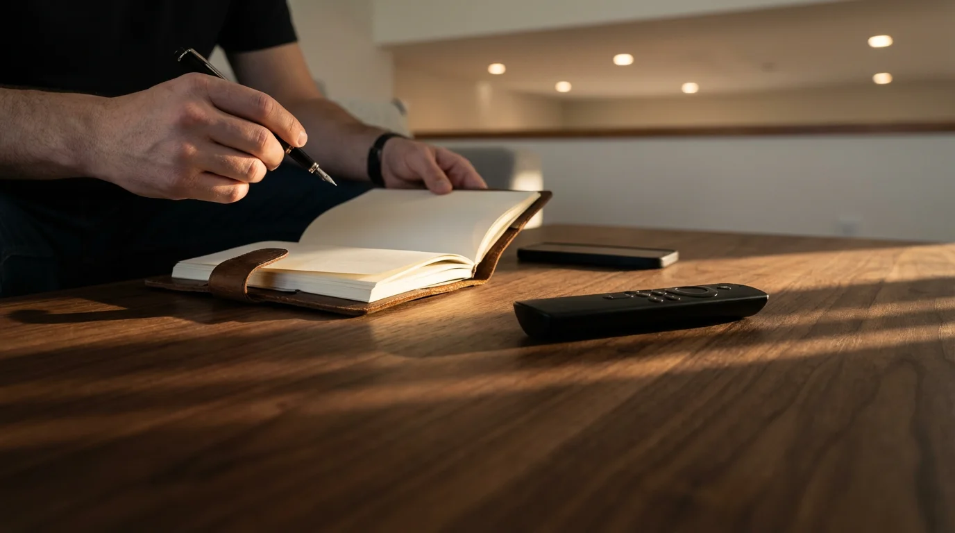 Low angle view of hands writing in a notebook next to a remote control on a table.