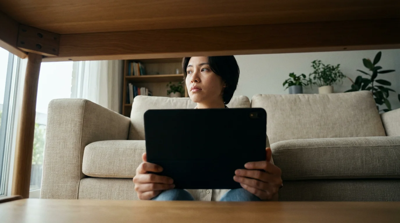 Low angle view of person on sofa holding tablet deciding on streaming services.