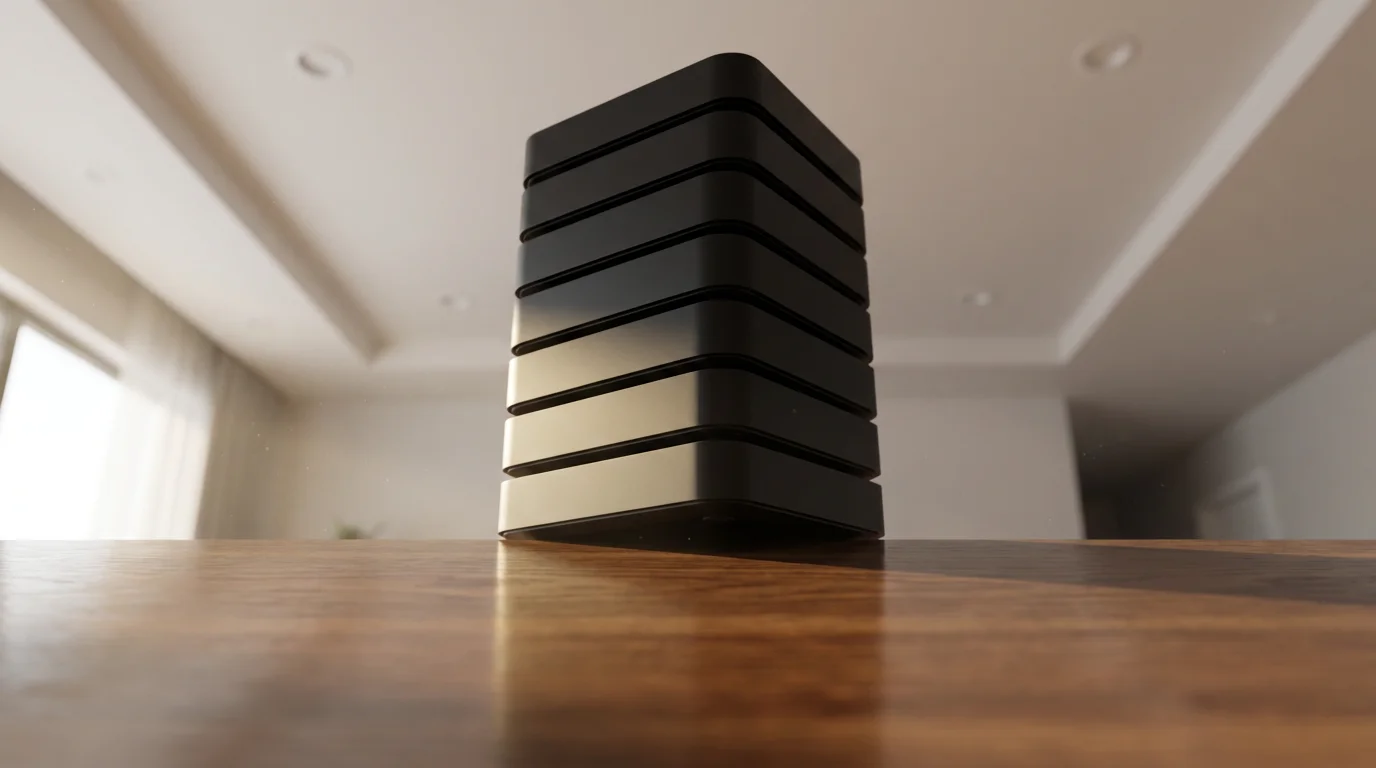 Low angle view of stacked generic streaming devices on a table in morning light.