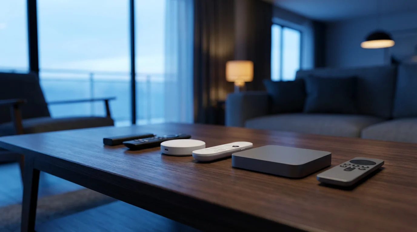 Low angle view of three different types of streaming devices on a coffee table.