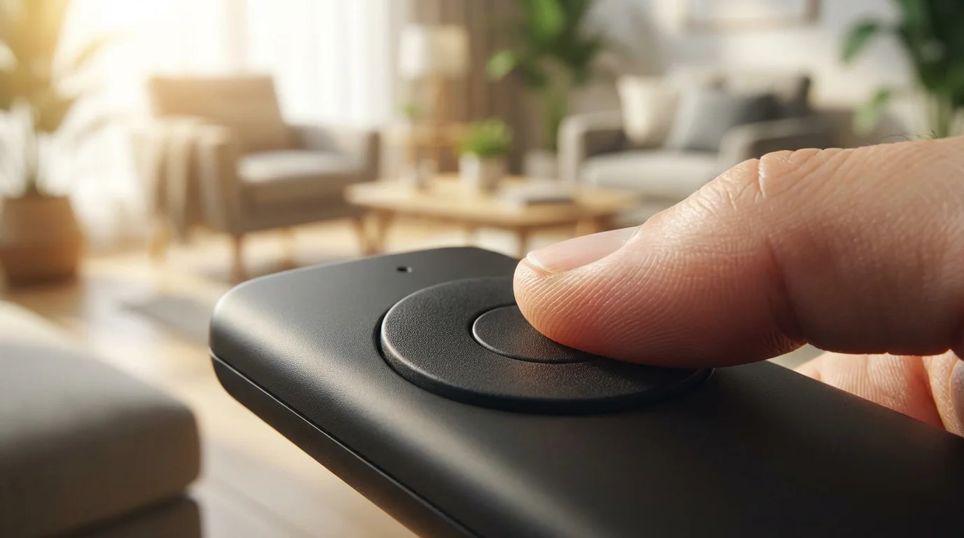Macro closeup of a thumb pressing a button on a modern TV remote control.