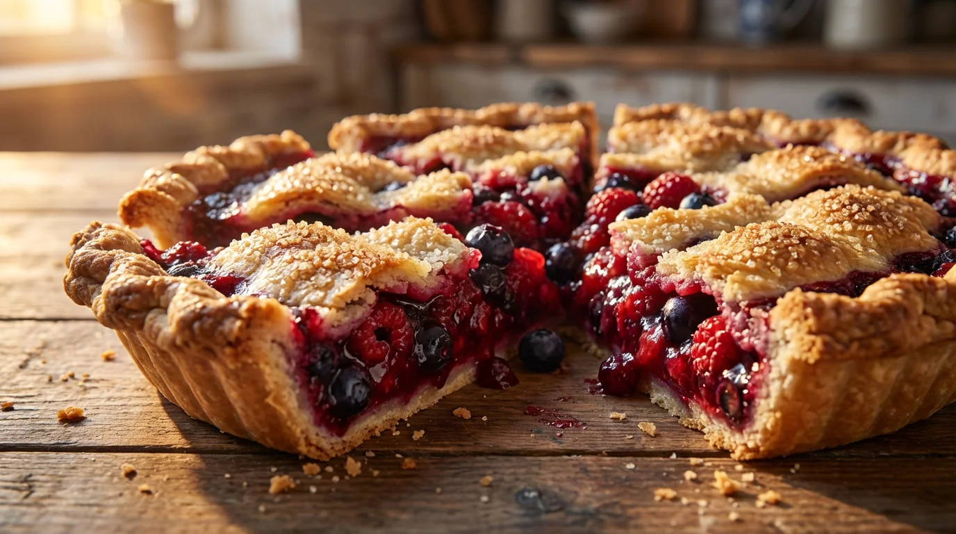 Macro photo of a berry pie with unequal slices in warm, golden light.