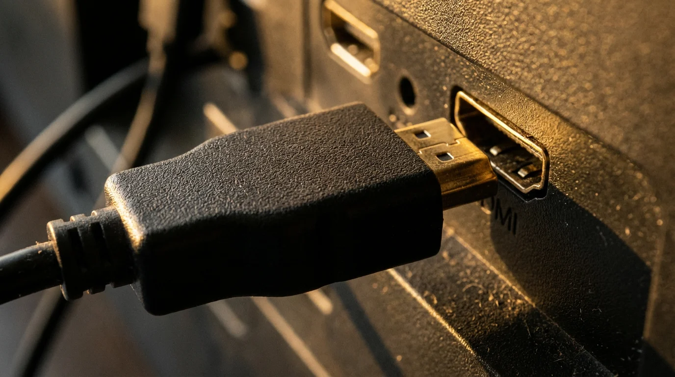 Macro photo of a black 4K HDR streaming stick plugged into a television port.