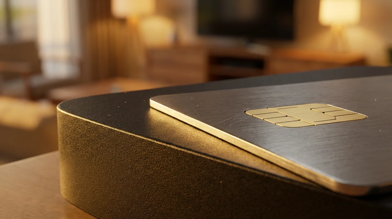 Macro photo of a credit card chip next to a sleek streaming media player.