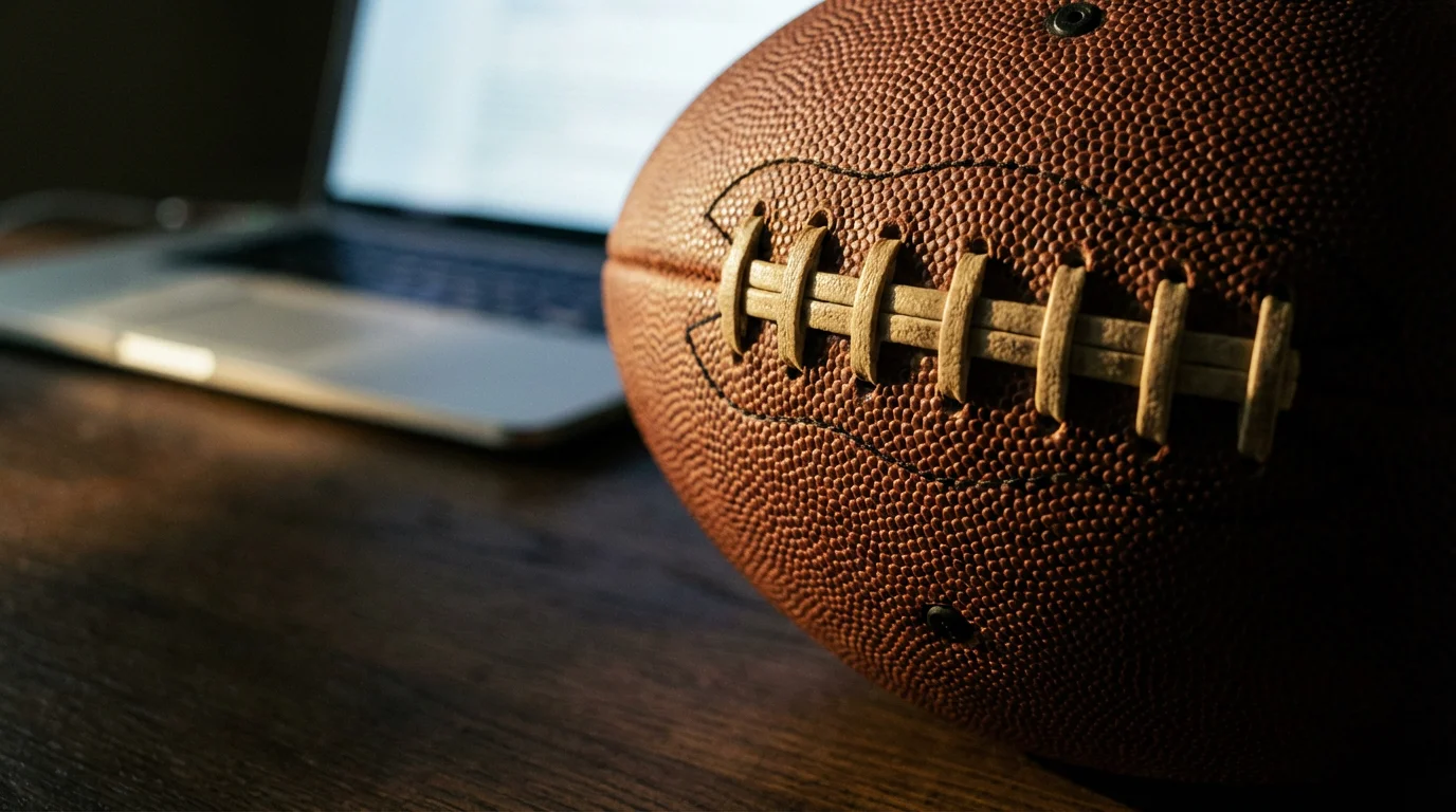 Macro photo of a football on a table with a glowing laptop background.