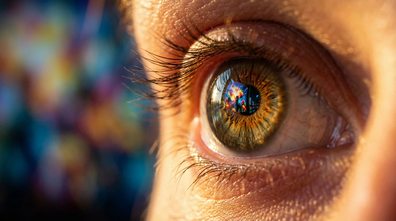Macro photo of a human eye reflecting a colorful, abstract movie scene at sunset.