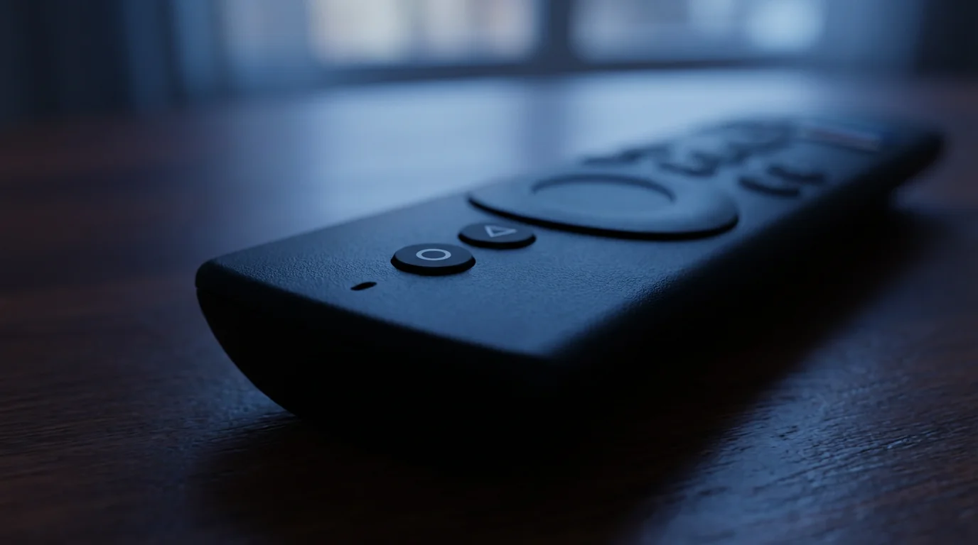 Macro photo of a modern TV remote's record and play buttons on a table.