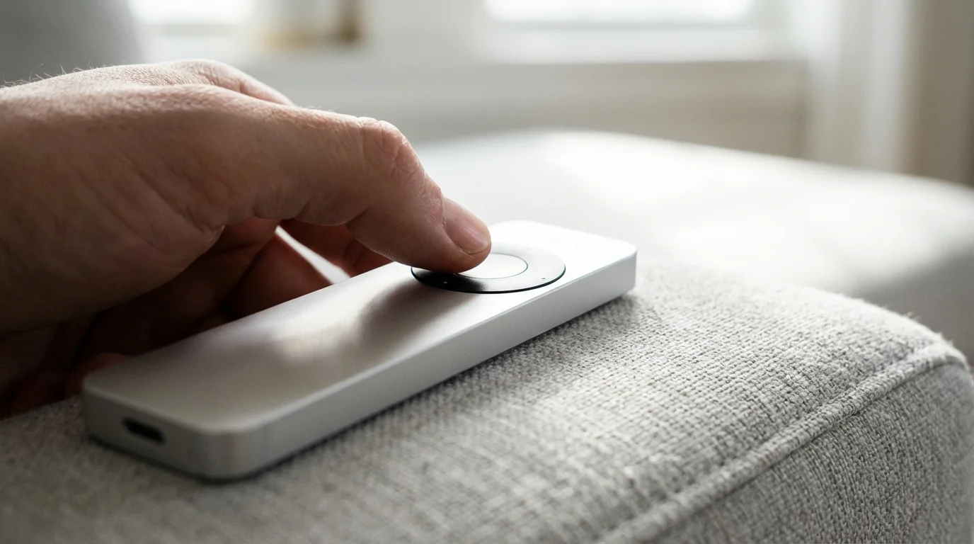 Macro photo of a thumb navigating the touchpad of a premium streaming remote.