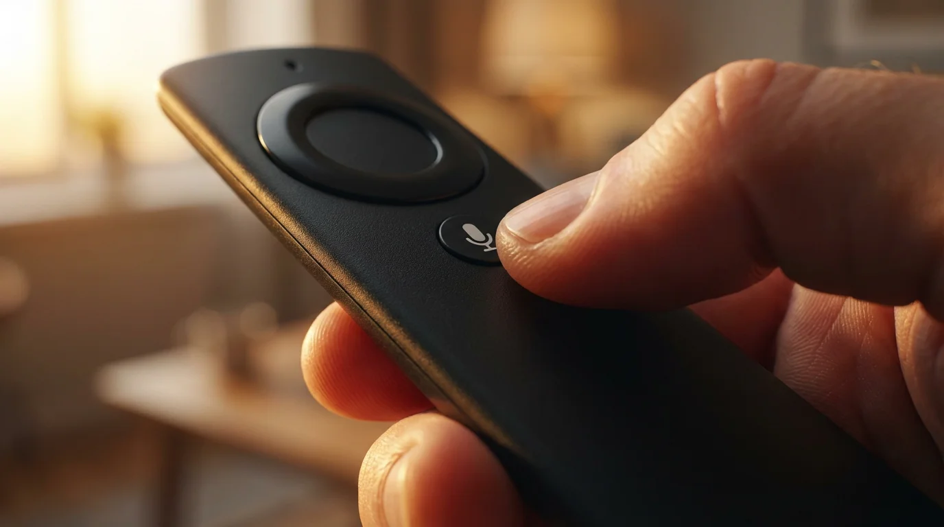 Macro photo of a thumb pressing the voice search button on a streaming remote.