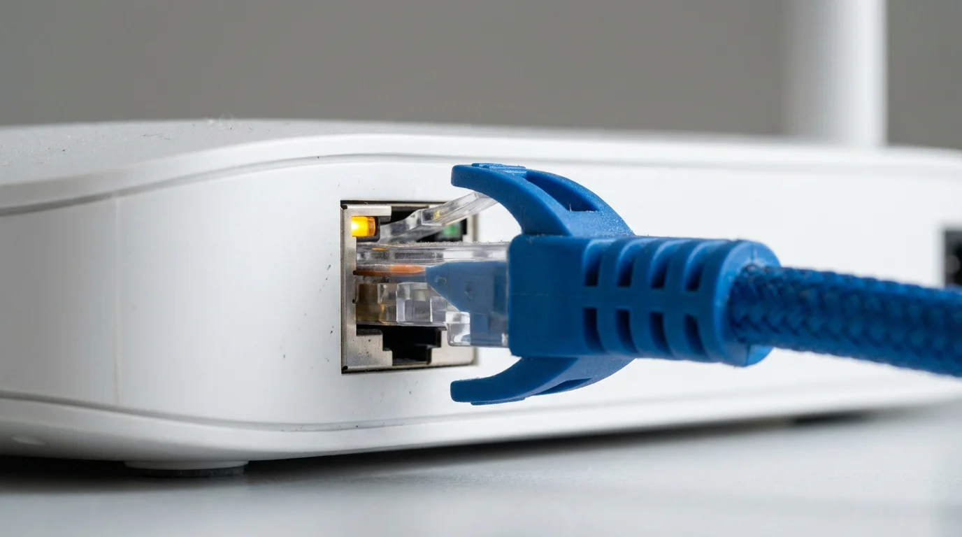 Macro photo of an ethernet cable plugged into a router port with blinking lights.