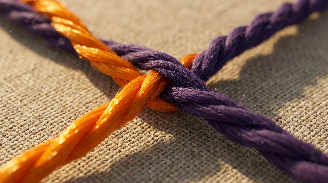 Macro photo of orange and purple threads being woven together on a linen background.