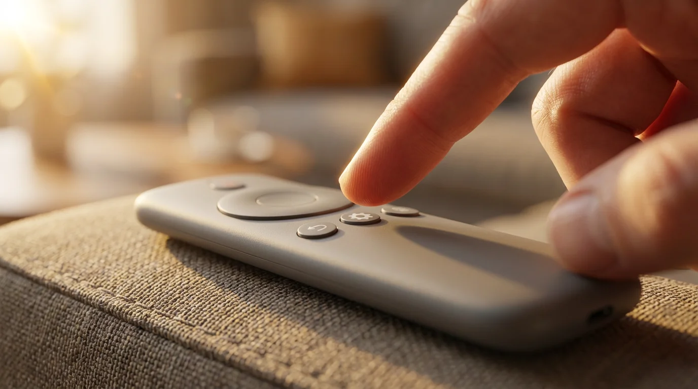 Macro photograph of a finger about to press the settings button on a TV remote.