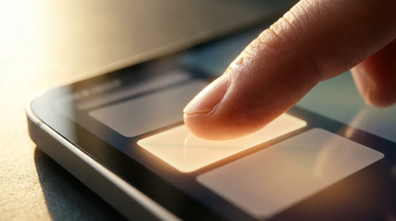 Macro photograph of a finger touching a glowing, abstract watchlist on a tablet screen.
