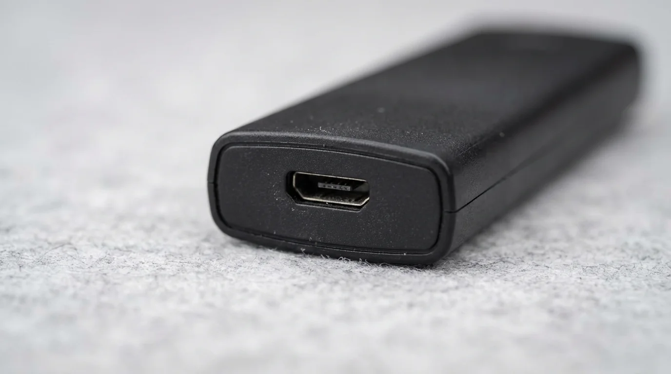 Macro photograph of a generic black streaming stick's single port on a gray surface.