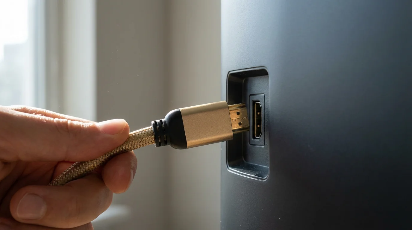 Macro photograph of a hand plugging an HDMI cable into a smart TV.