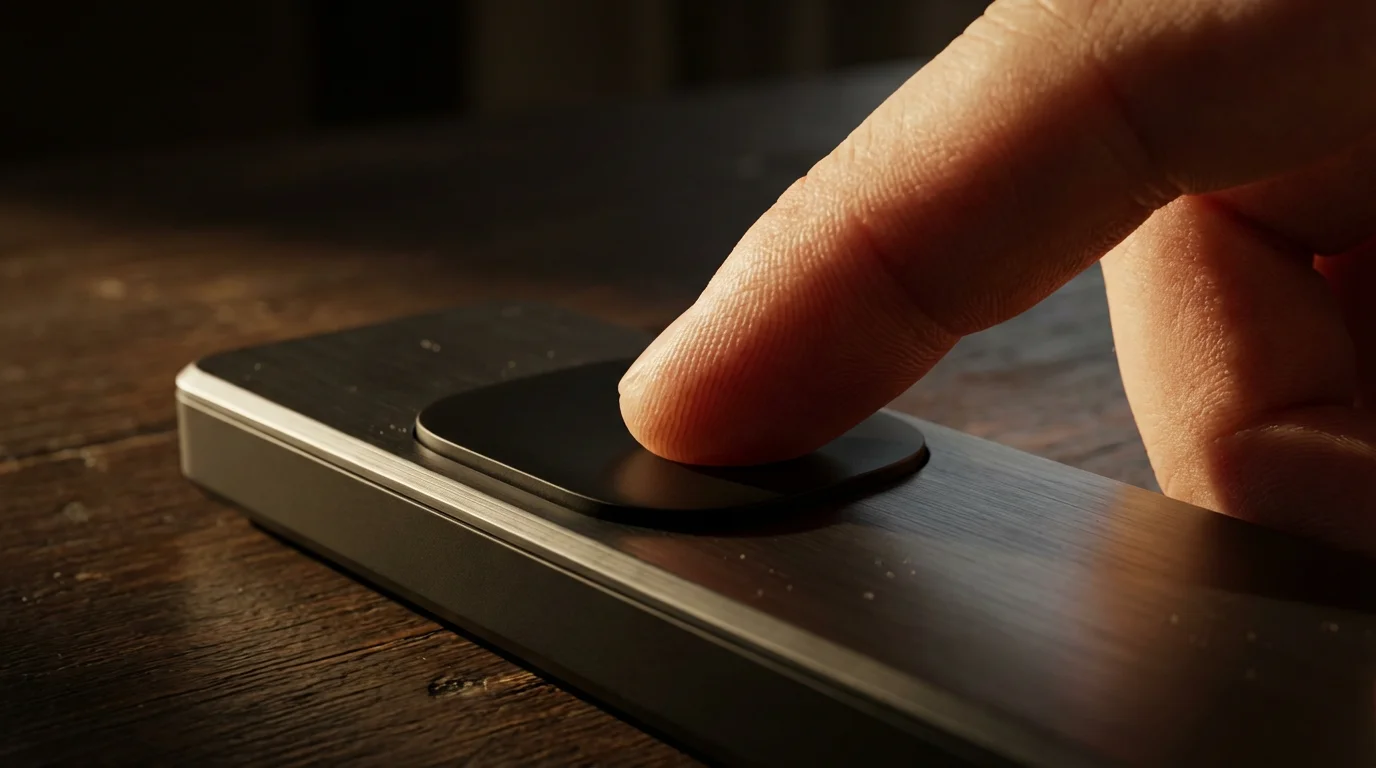 Macro photography of a finger pressing a blank remote control button in dramatic lighting.