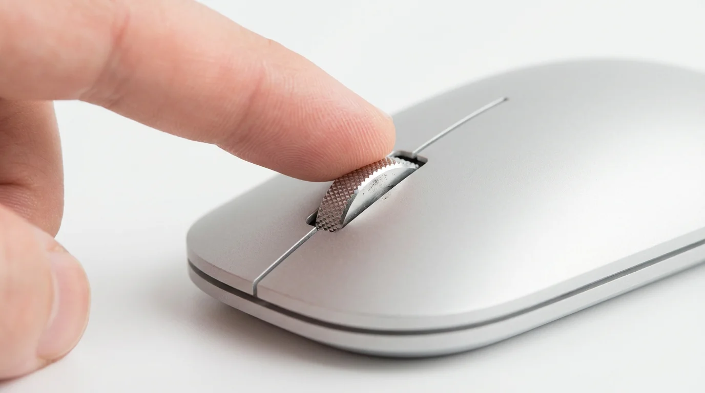 Macro photography of a finger using a metal scroll wheel on a modern mouse.