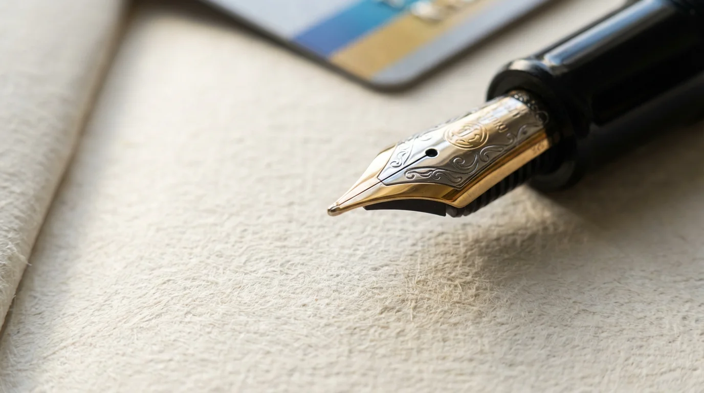 Macro photography of a pen tip on paper with a blurred credit card background.