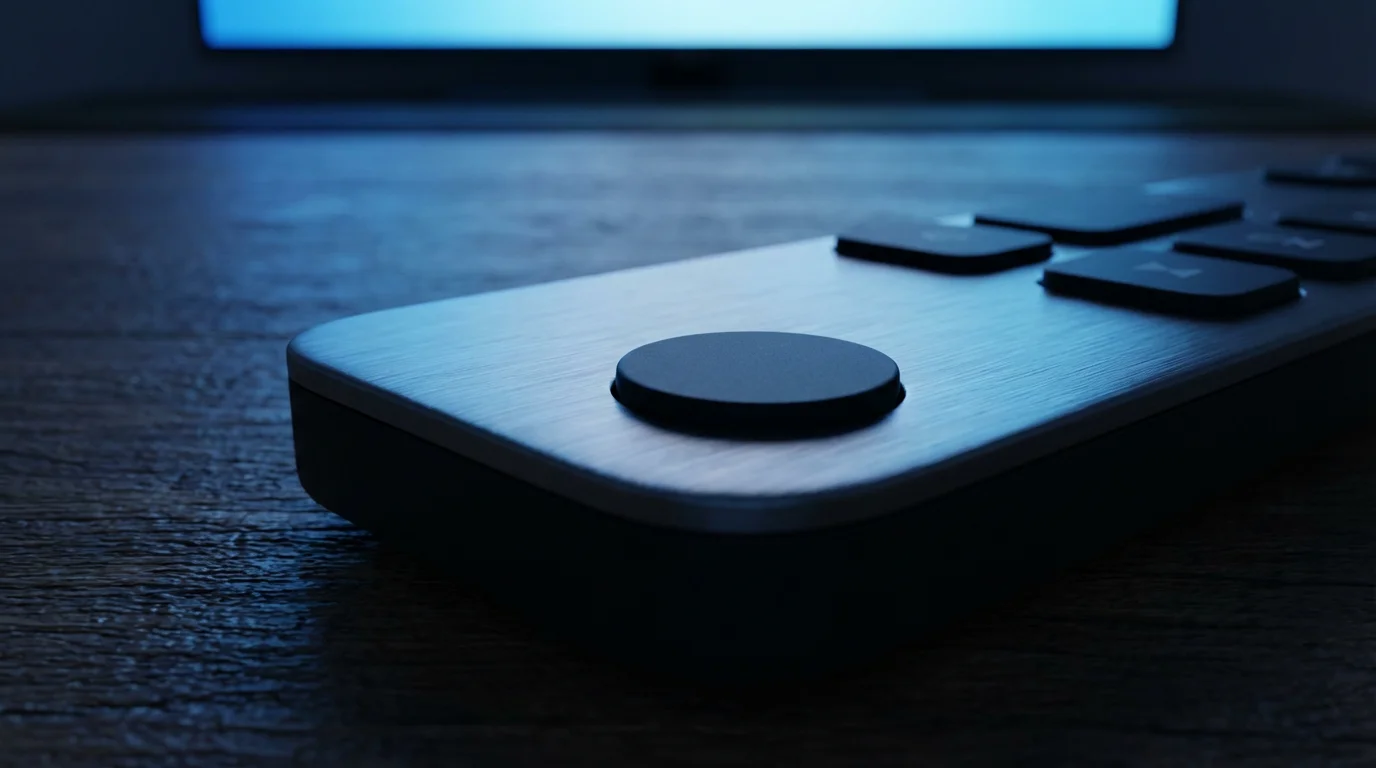Macro photography of a remote control resting on a table in cool blue evening light.