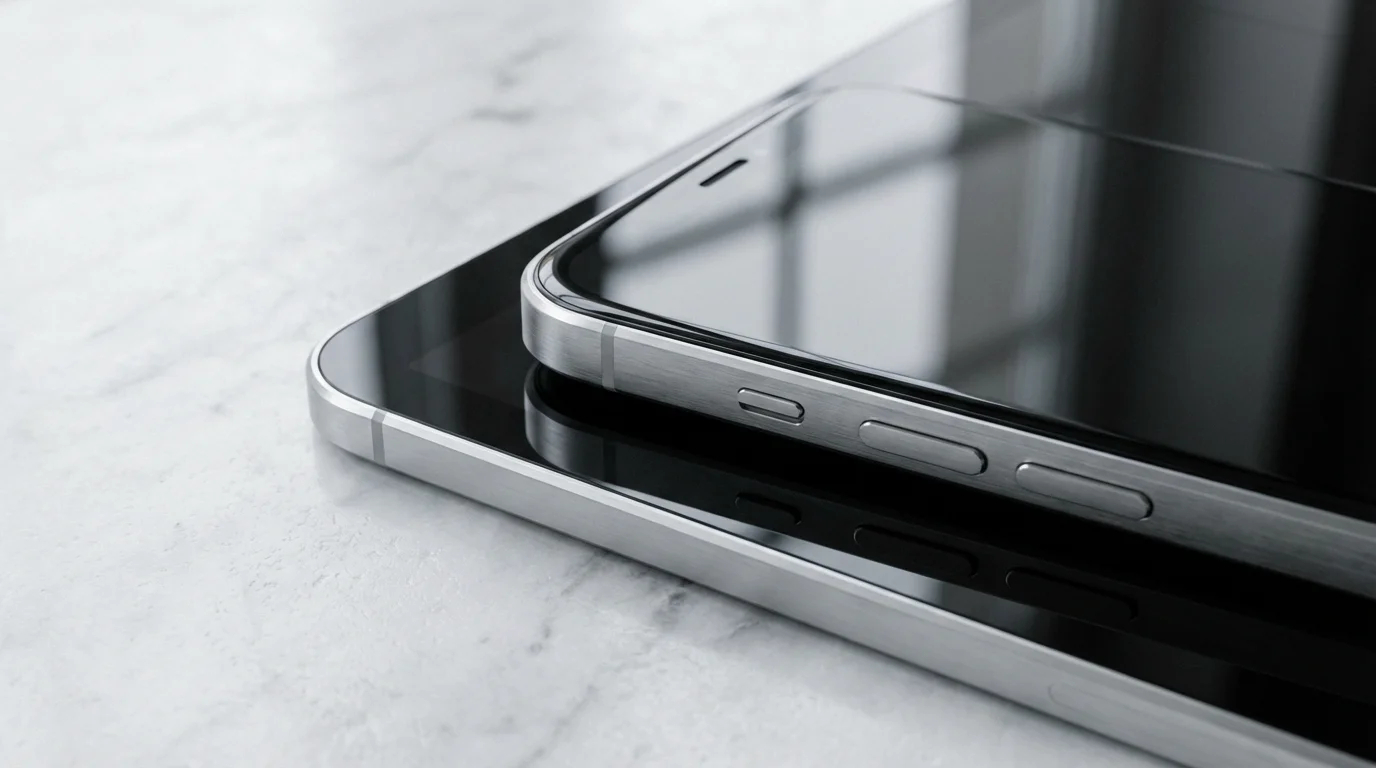 Macro photography of a smartphone stacked on a tablet on a marble table.