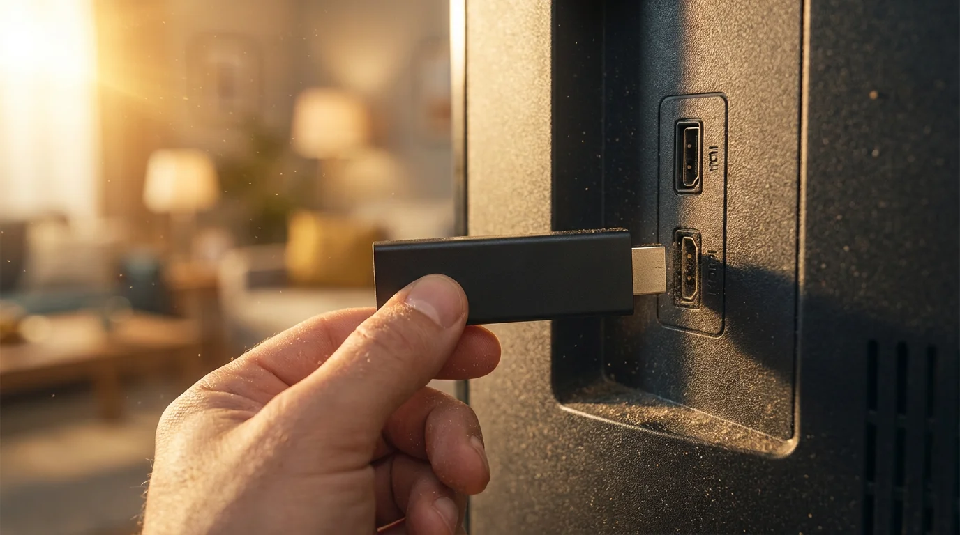 Macro shot of a hand plugging a streaming device into a TV's HDMI port.