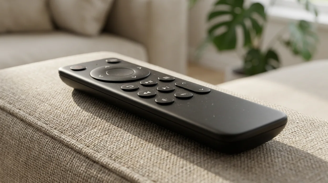 Macro shot of a modern black TV remote on a sofa in soft window light.