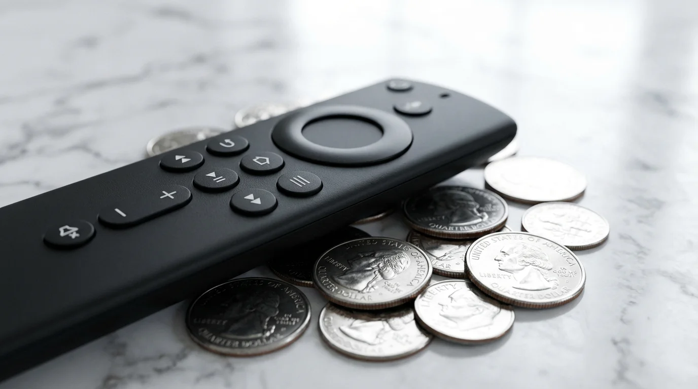 Macro shot of a streaming remote control resting on a pile of US coins.
