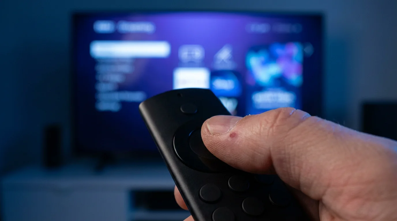Macro shot of a thumb hovering over a TV remote with a blurred screen.