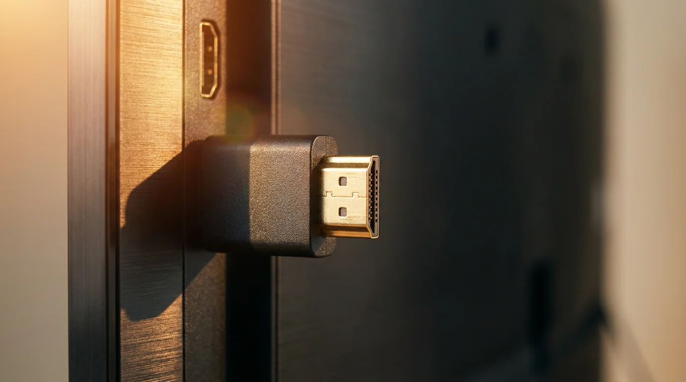 Macro view of a streaming device HDMI stick plugged into a TV port.