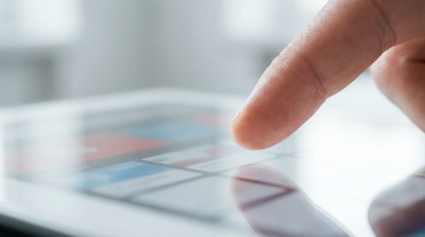 Macro view of finger tapping tablet screen with blurred red and blue channel icons.