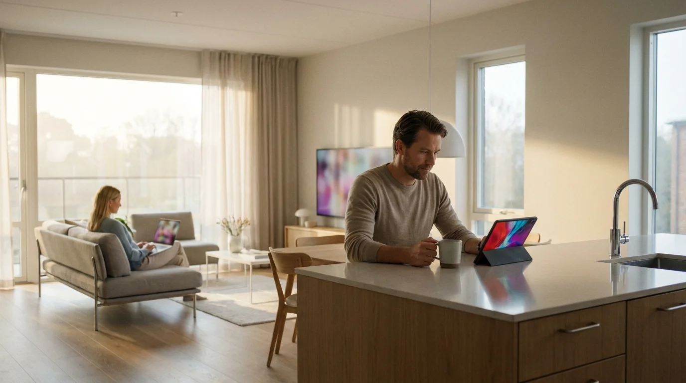 Man and woman streaming different content on a tablet and laptop in a modern home.