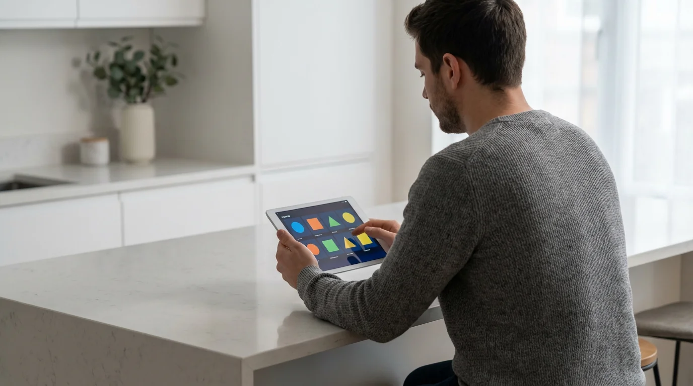 Man at kitchen island swiping through a grid of colorful, abstract channel icons on a tablet.