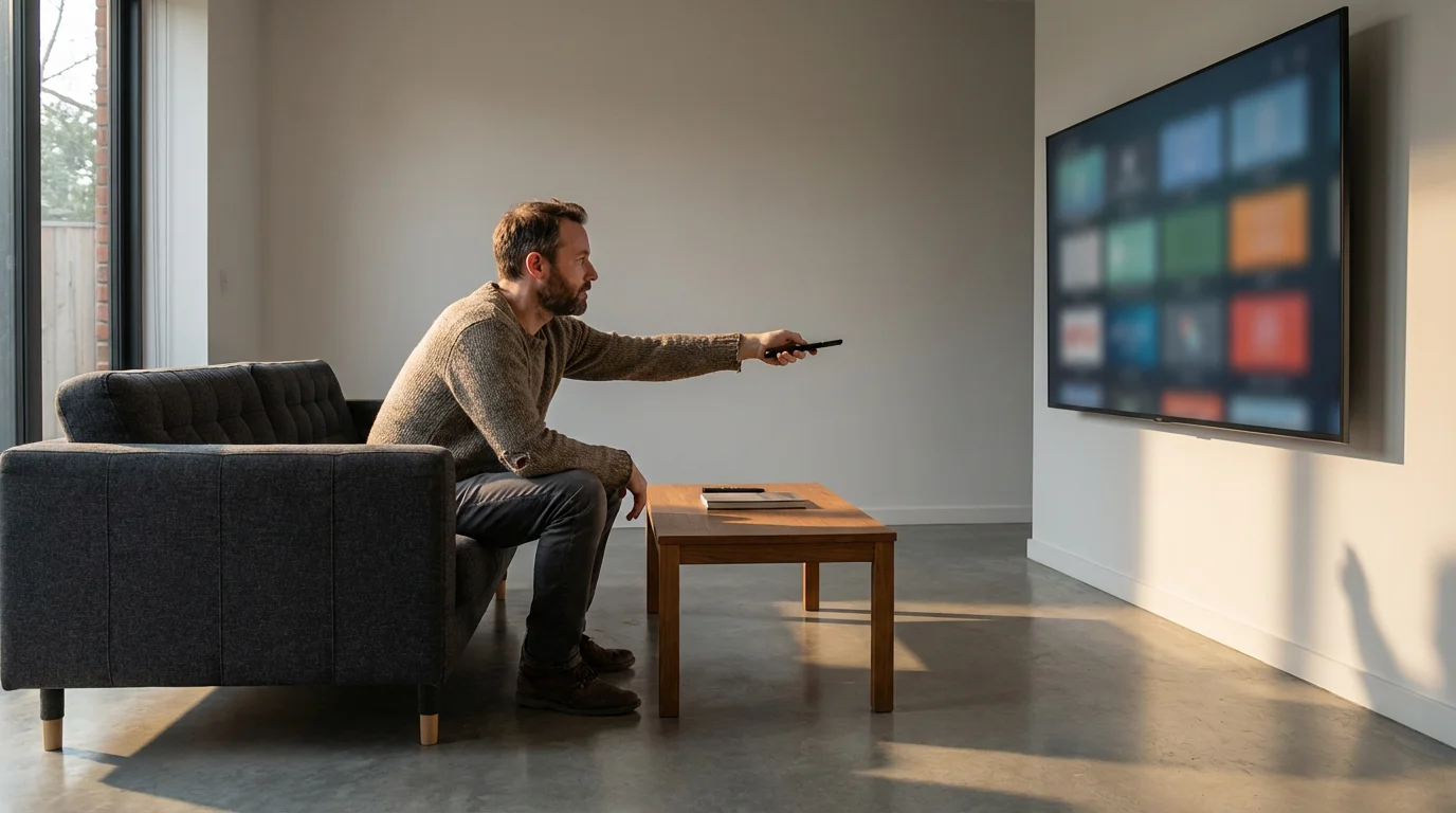 Man relaxing on sofa using a remote with a blurred TV library on screen.