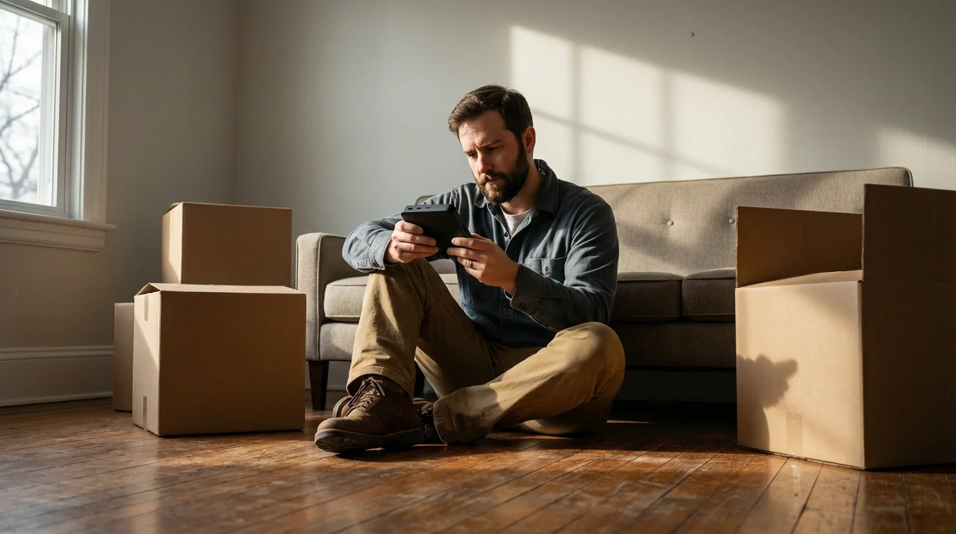 Man sits on floor with cardboard boxes, holding a media streaming device to set up.