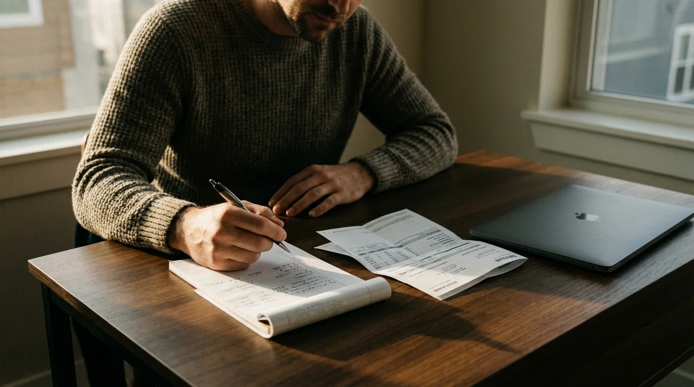 Man sitting at a desk with a bill and notepad, planning his finances.