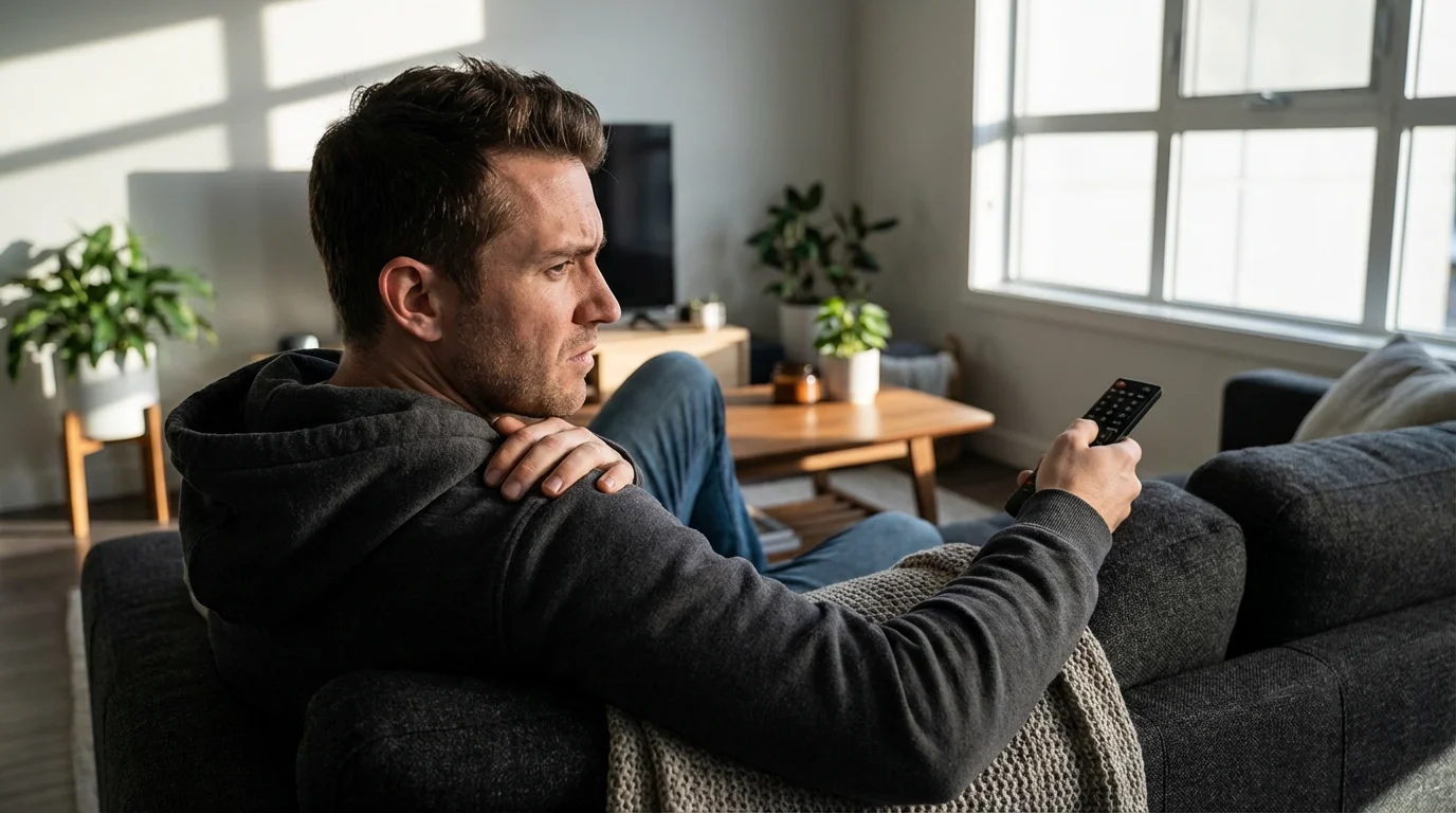 Man sitting on a sofa, looking frustrated with a TV remote in his hand.