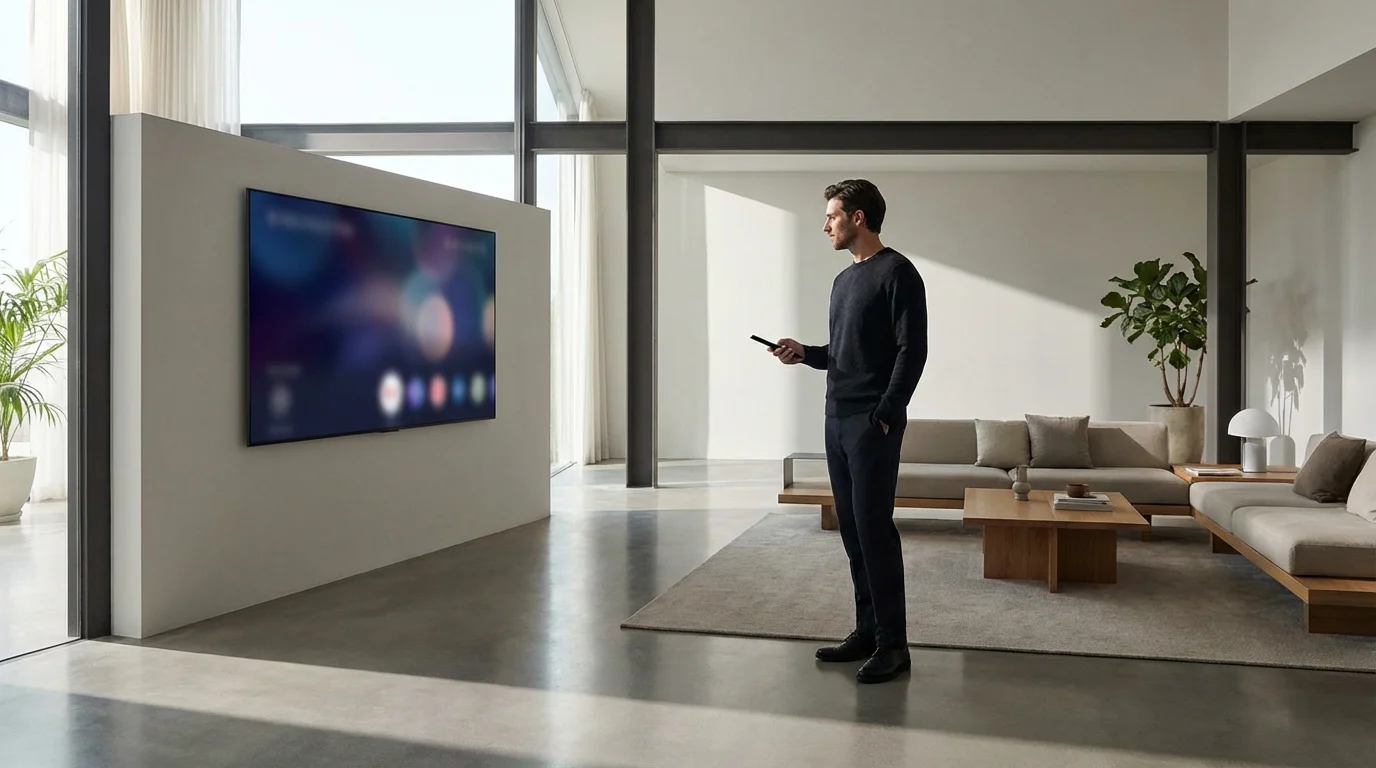 Man stands in a modern living room looking at a TV with a new interface.