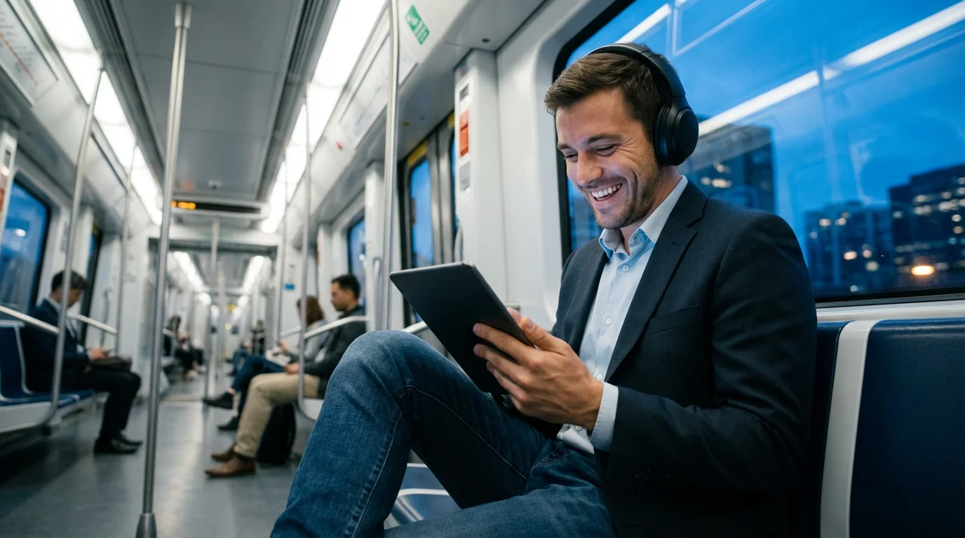 Man watching a show on a tablet while commuting on a modern train at dusk.