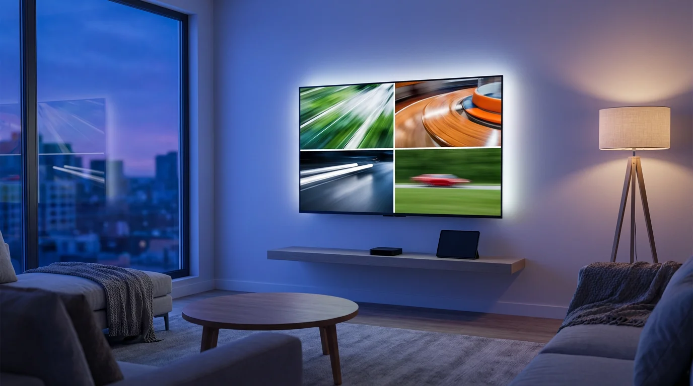 Modern living room at dusk with a TV screen displaying abstract sports imagery.