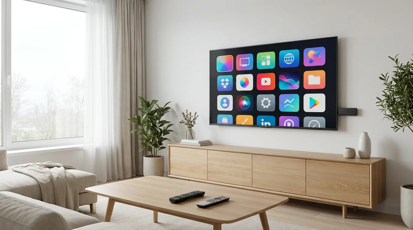 Modern living room with a smart TV displaying apps and a streaming stick plugged in.