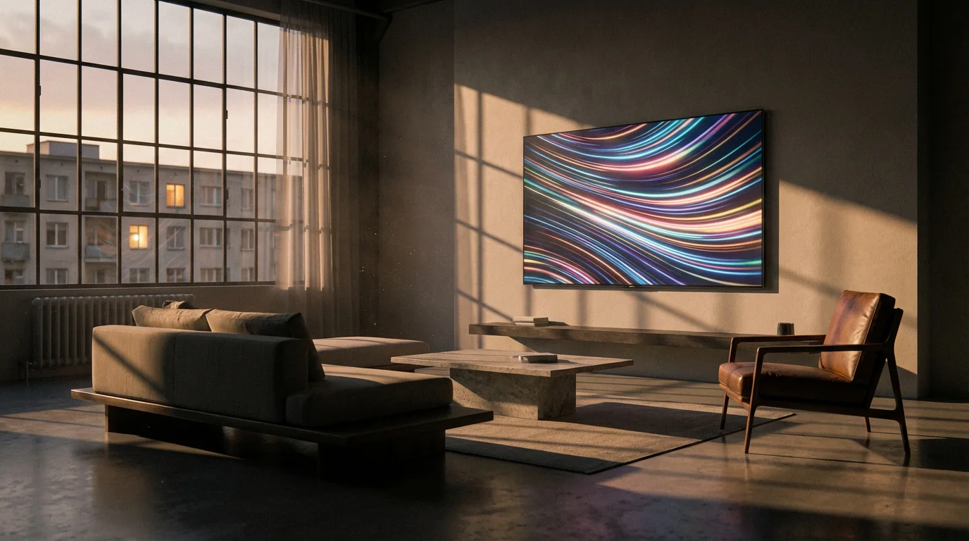 Modern living room with long afternoon shadows and a distant lit window.