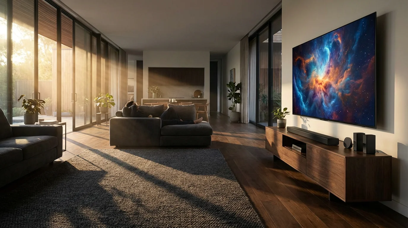 Modern living room with smart TV and streaming devices in moody afternoon lighting