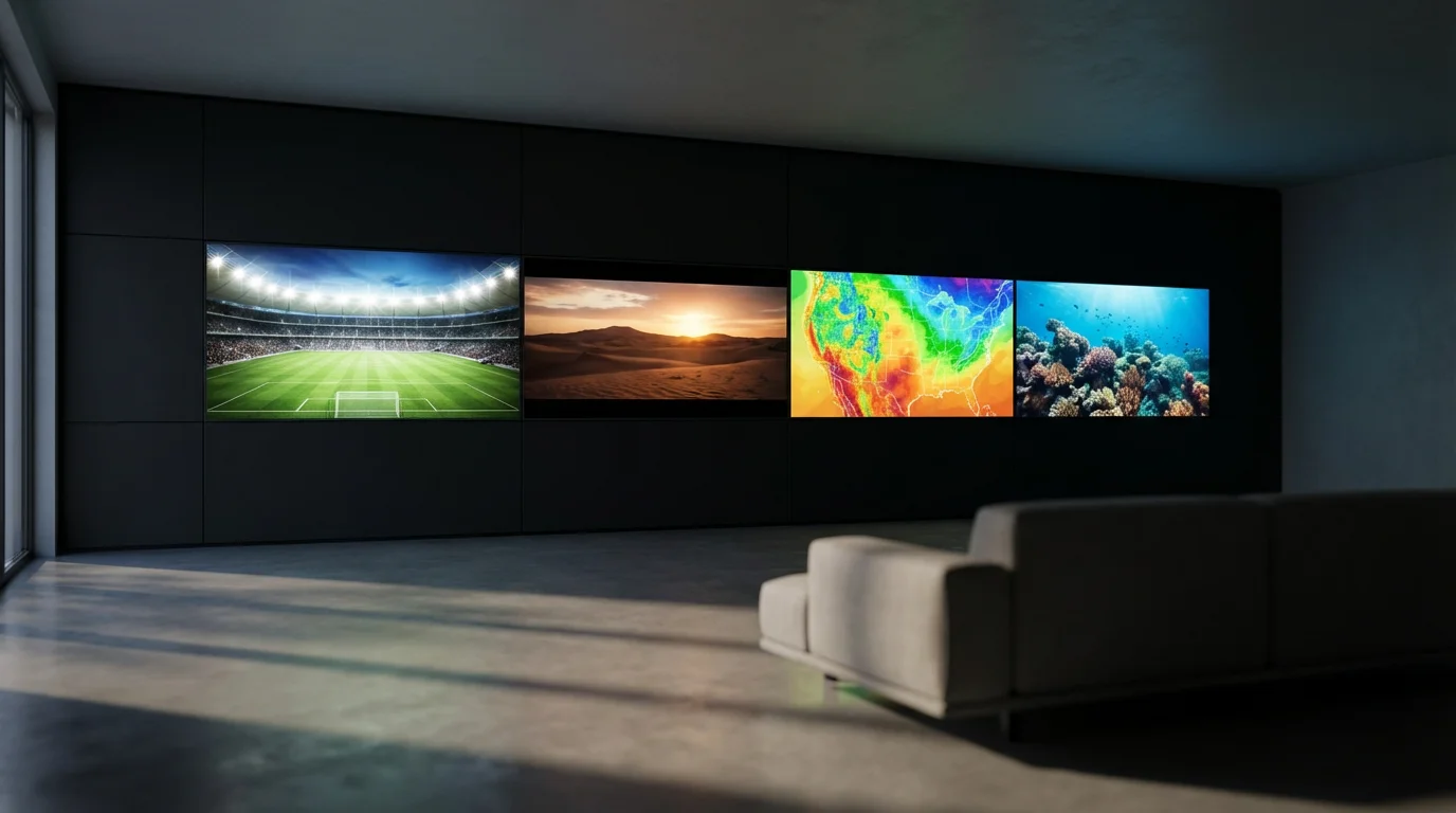 Modern media room with a wall of televisions showing various entertainment, sports, and news.