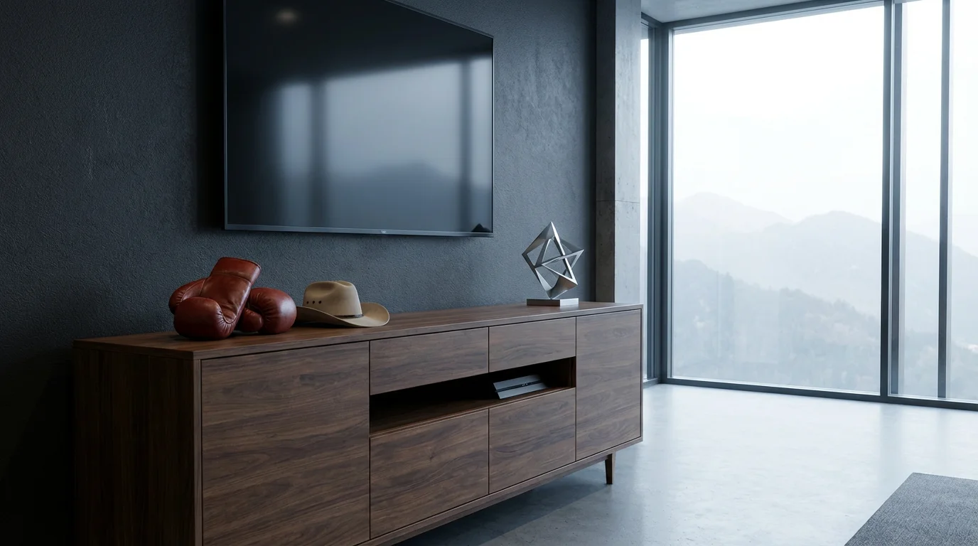 Modern media room with boxing gloves and cowboy hat on a console near a window.