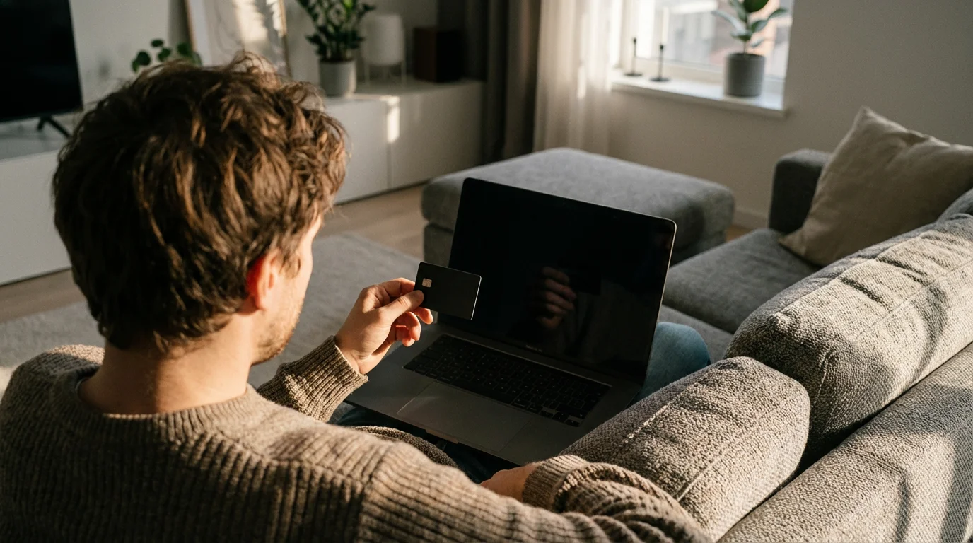 Over-the-shoulder shot of a person holding a credit card, hesitating before using a laptop.