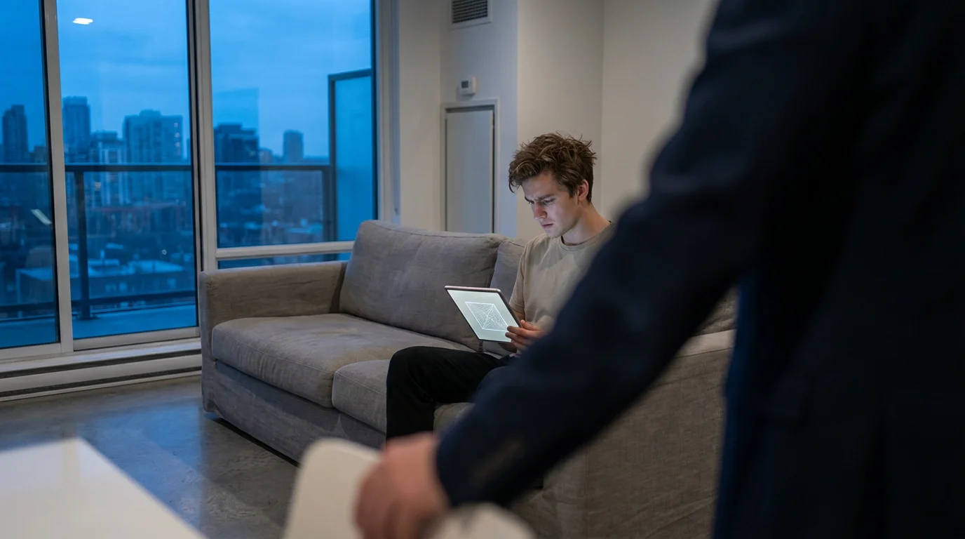 Over-the-shoulder shot of a person looking at a tablet in a living room.