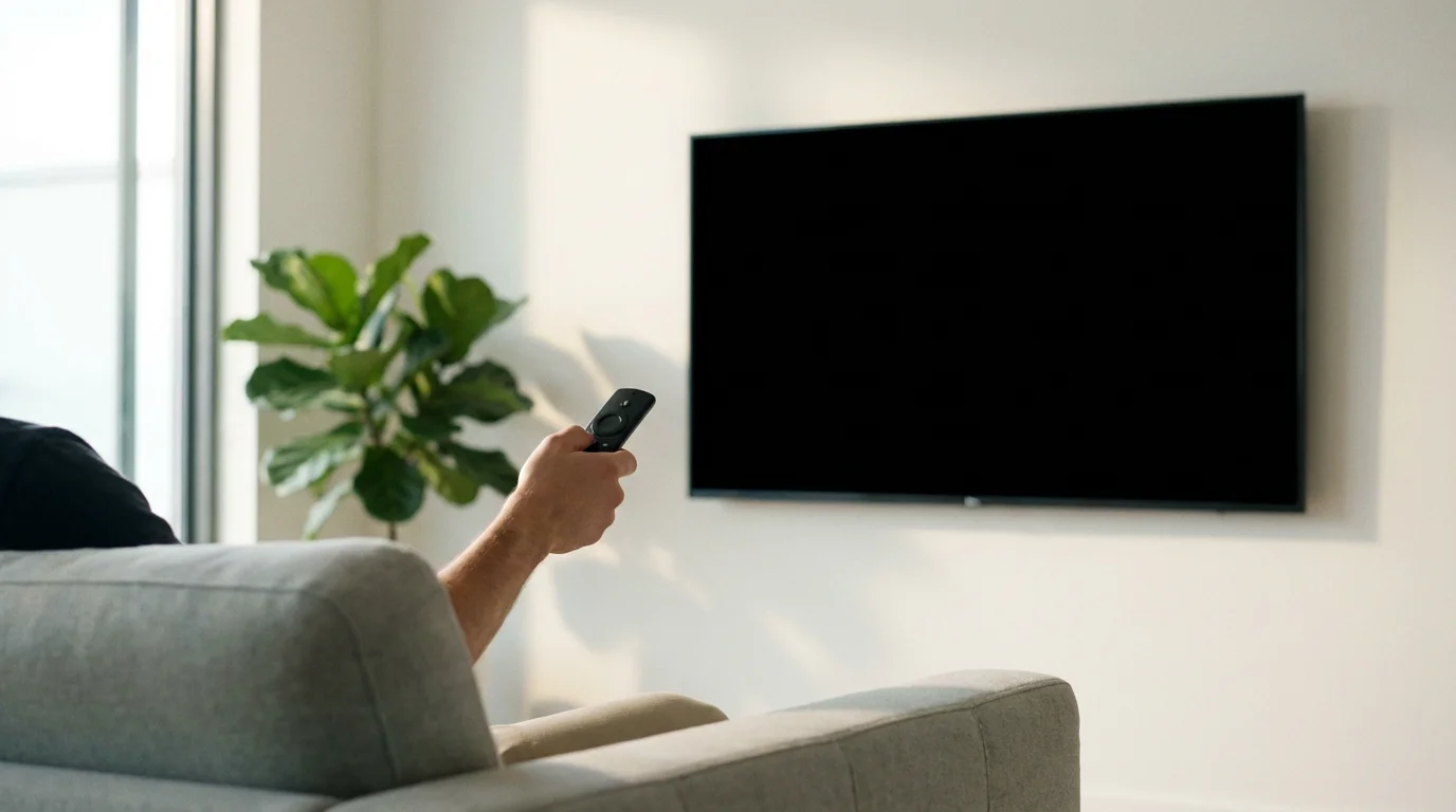 Over-the-shoulder shot of a person on a couch pointing a remote at a blank TV.