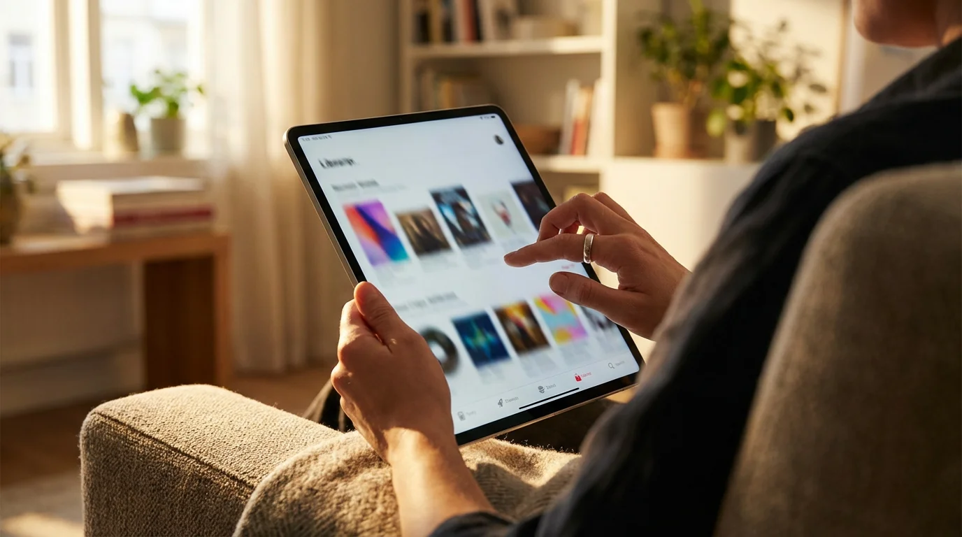 Over-the-shoulder shot of a person scrolling through a streaming media library on a tablet.