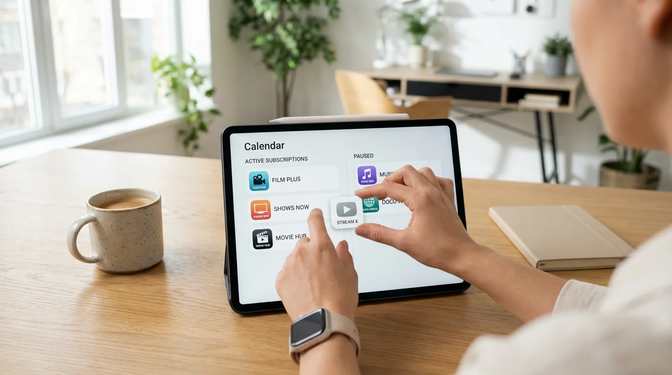Over-the-shoulder shot of hands managing streaming app icons on a tablet's digital calendar.